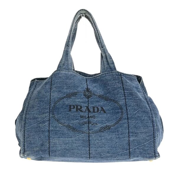 Auth PRADA Logo Canapa Hand Tote Bag Denim Leather Blue GHW - Picture 1 of 16